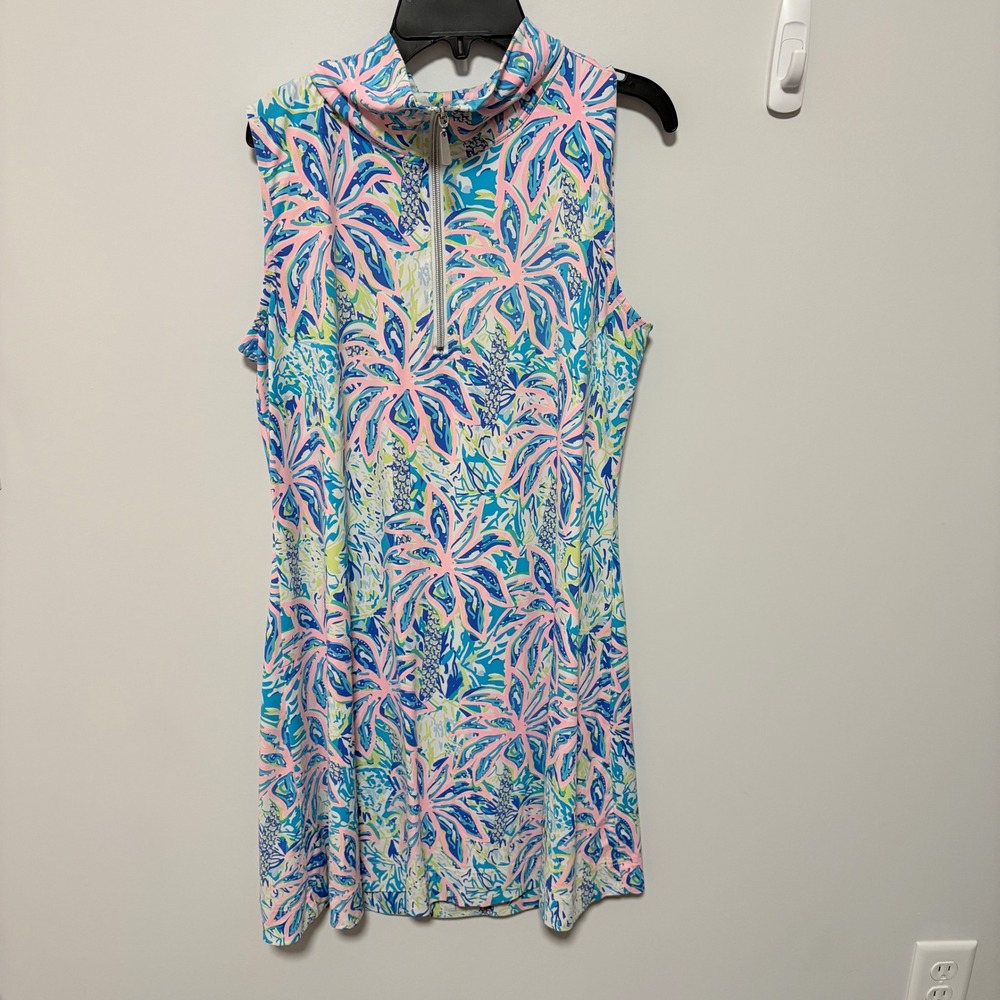 Lulu-B Tropical Palm Print Sleeveless Zip Neck Dress Womens Blue Pink size M